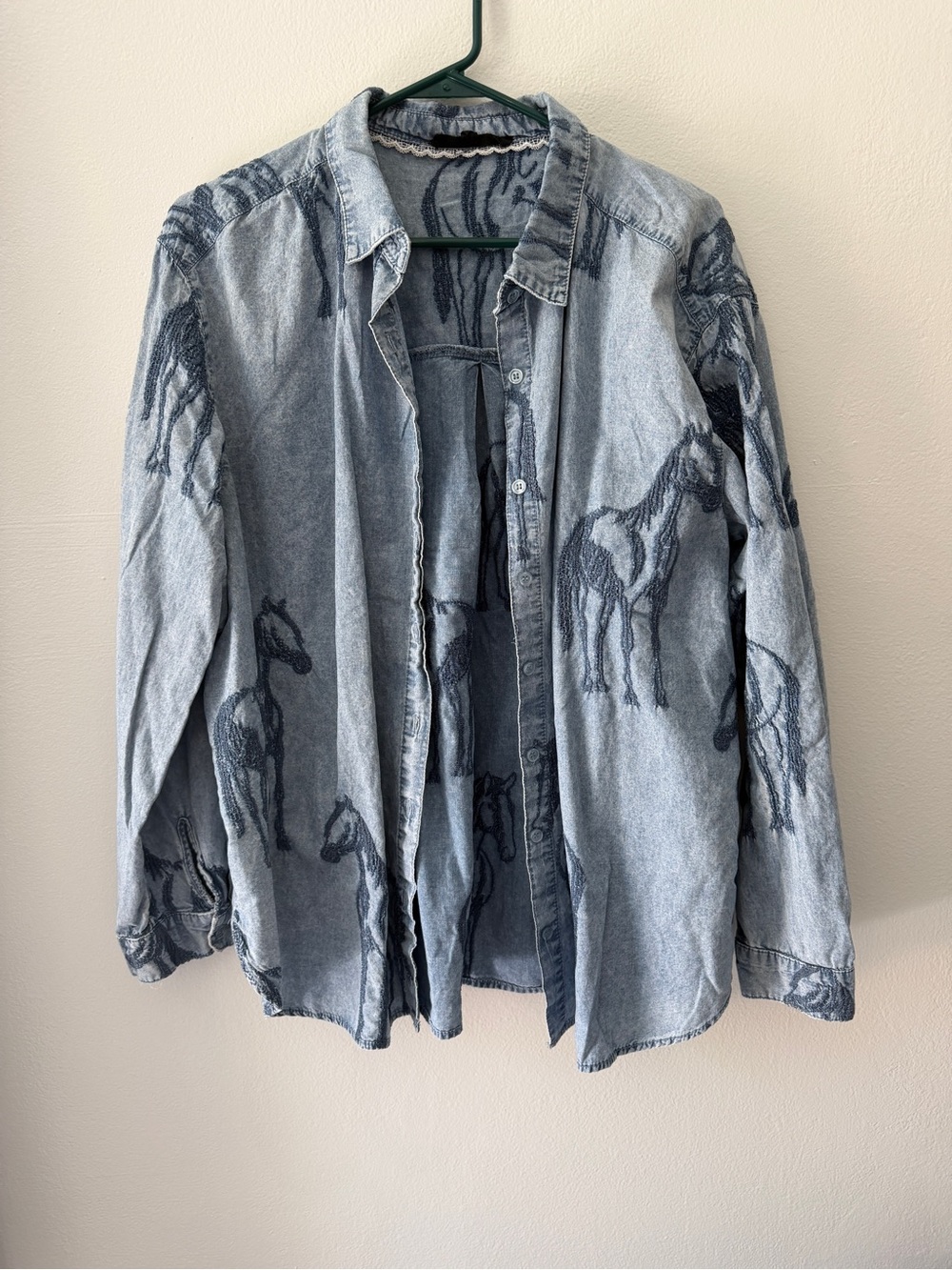 Light Blue Denim Button-Down with Horse Embrodiery